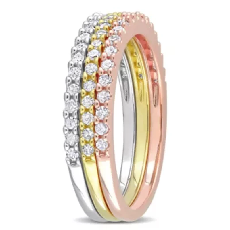 3 Pc Set of Diamond Ring Yellow, Rose & White Sterling Silver