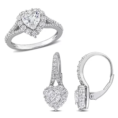 Lab Created 2 Piece Set of White Moissanite Heart Halo Earrings & Engagement Ring Sterling Silver