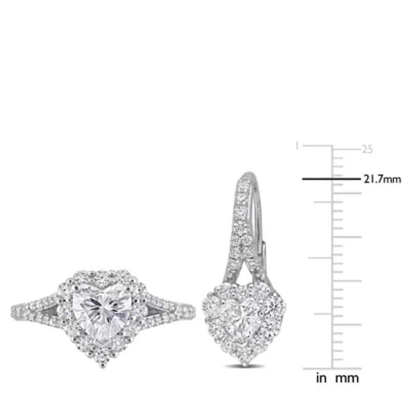 Lab Created 2 Piece Set of White Moissanite Heart Halo Earrings & Engagement Ring Sterling Silver