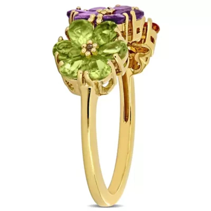 2 Piece Set of Amethyst, Citrine, Peridot, White Topaz Floral Earrings & Ring Yellow Plated Sterling Silver