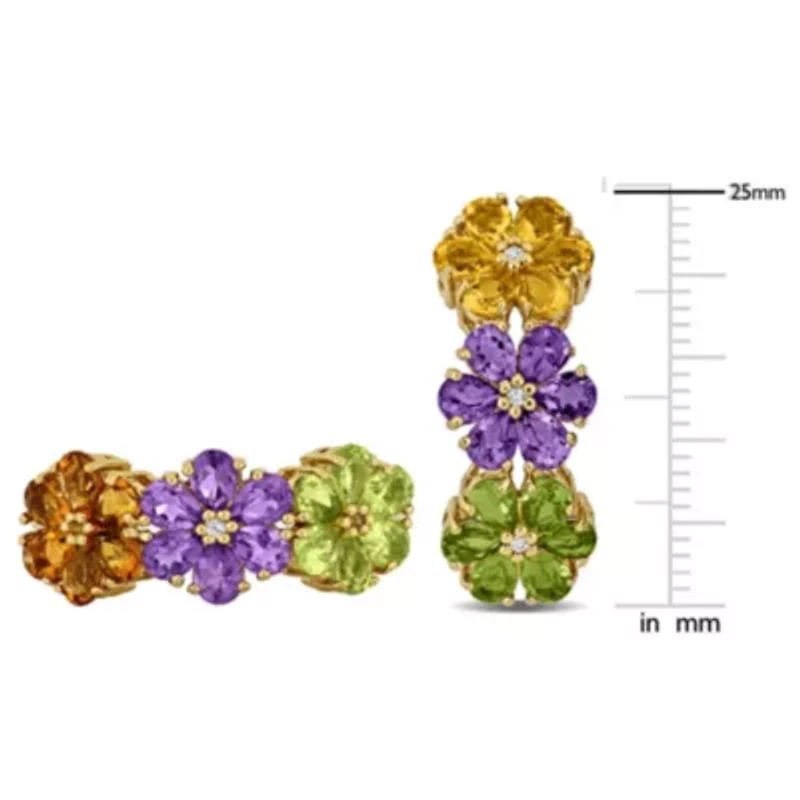 2 Piece Set of Amethyst, Citrine, Peridot, White Topaz Floral Earrings & Ring Yellow Plated Sterling Silver