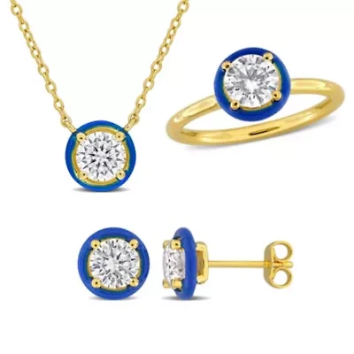 Lab Created 3 Piece Set of White Moissanite & Blue Enamel Solitaire Earrings, Necklace Ring Yellow Plated Sterling Silver, 17"