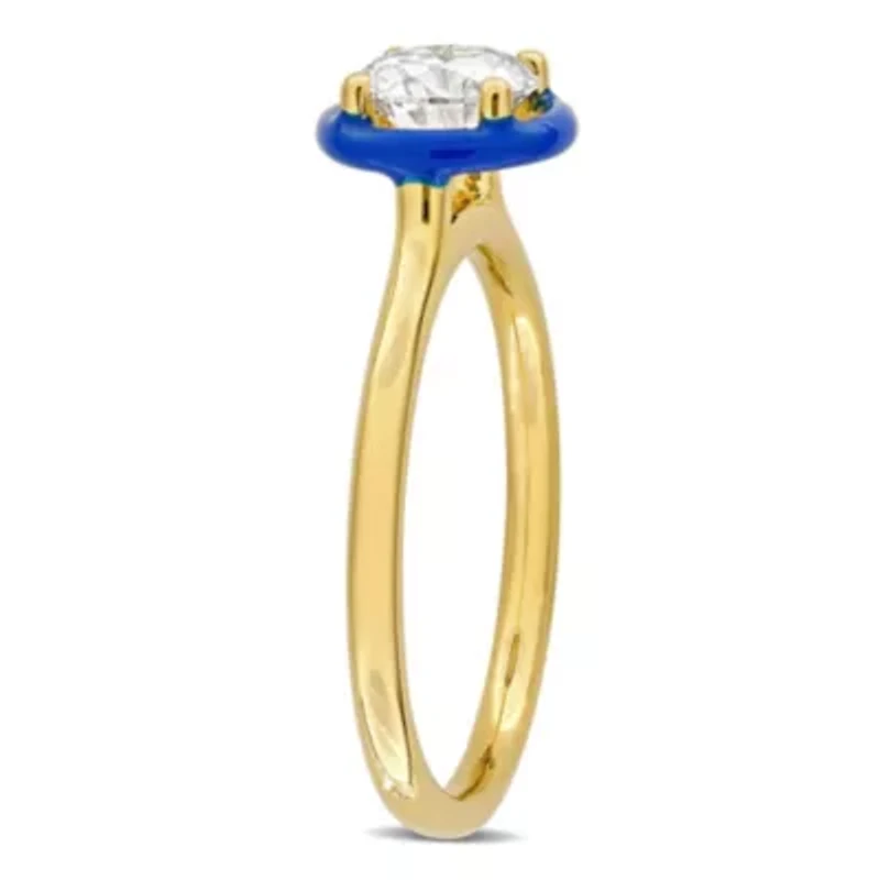 Lab Created 3 Piece Set of White Moissanite & Blue Enamel Solitaire Earrings, Necklace Ring Yellow Plated Sterling Silver, 17"