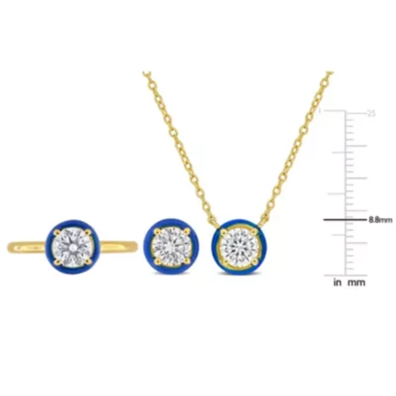 Lab Created 3 Piece Set of White Moissanite & Blue Enamel Solitaire Earrings, Necklace Ring Yellow Plated Sterling Silver, 17"
