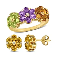 2 Piece Set of Peridot, Amethyst, Citrine, & White Topaz Floral Earrings Ring Yellow Plated Sterling Silver
