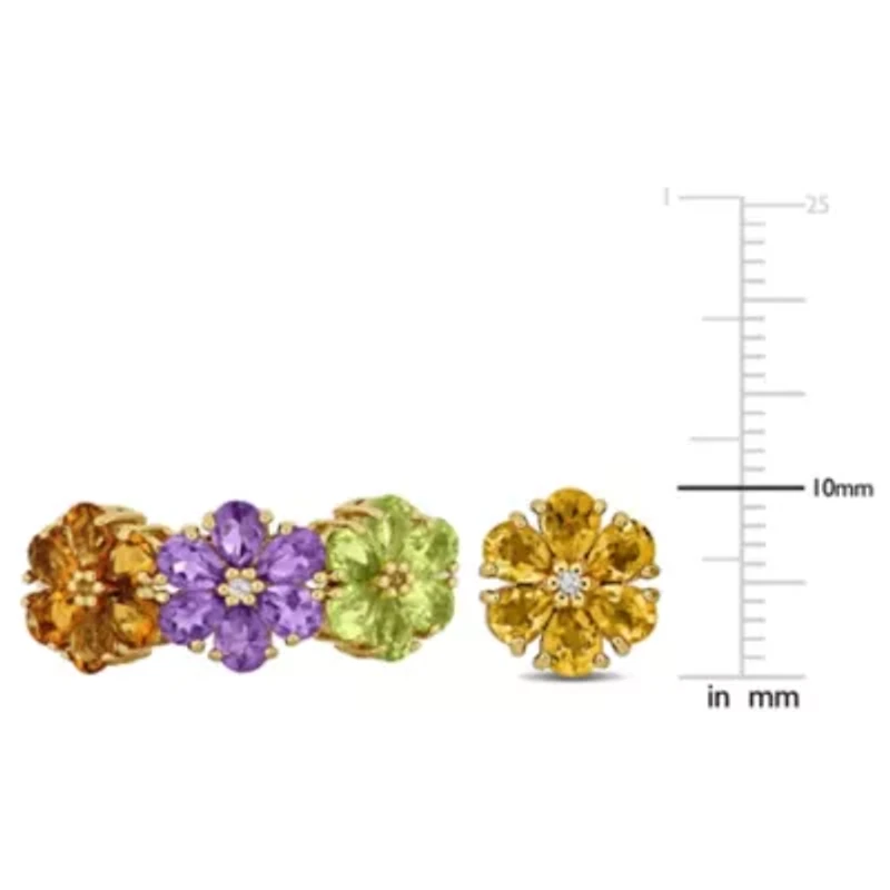 2 Piece Set of Peridot, Amethyst, Citrine, & White Topaz Floral Earrings Ring Yellow Plated Sterling Silver