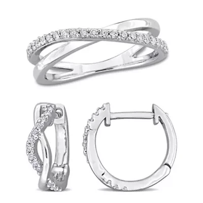 Lab Created 2 Piece Set of White Moissanite Hoop Earrings & Criss-Cross Ring Sterling Silver