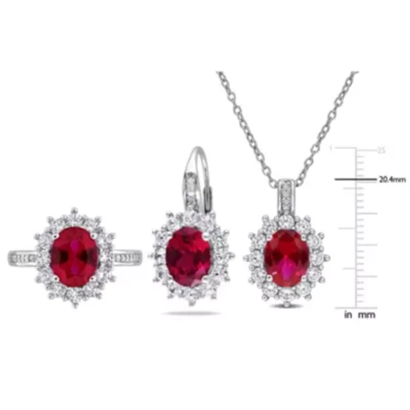 Lab Created 3 Piece Set of Ruby, White Sapphire, & Diamond Accent Earrings, Halo Pendant Cocktail Ring Sterling Silver, 18"