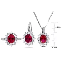 Lab Created 3 Piece Set of Ruby, White Sapphire, & Diamond Accent Earrings, Halo Pendant Cocktail Ring Sterling Silver, 18"