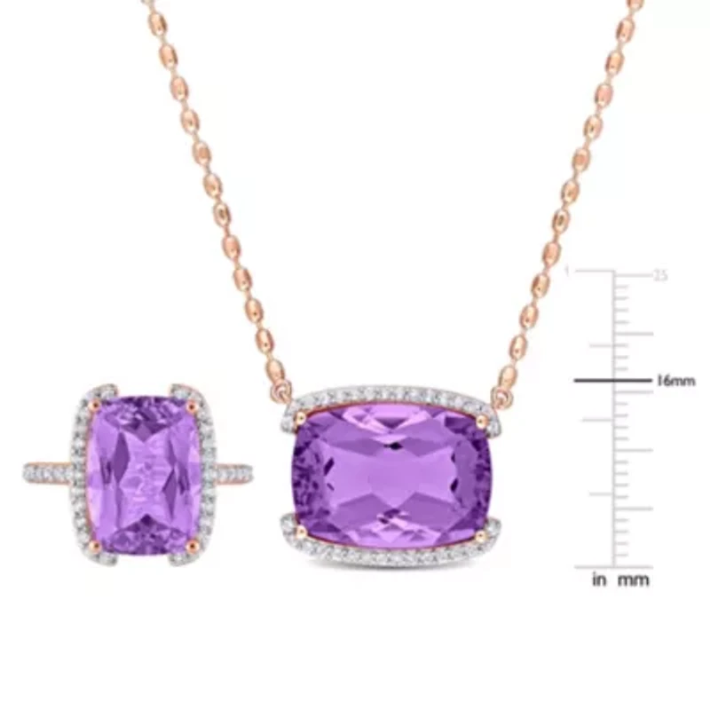 2 Piece Set of Rose de France & White Topaz Halo Pendant with Chain, Bracket Cocktail Ring Plated Sterling Silver, 18"