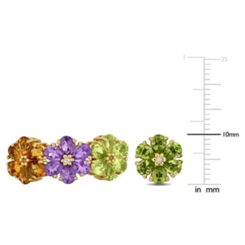 2 Piece Set of Peridot, Amethyst, Citrine, & White Topaz Floral Earrings Ring Yellow Plated Sterling Silver