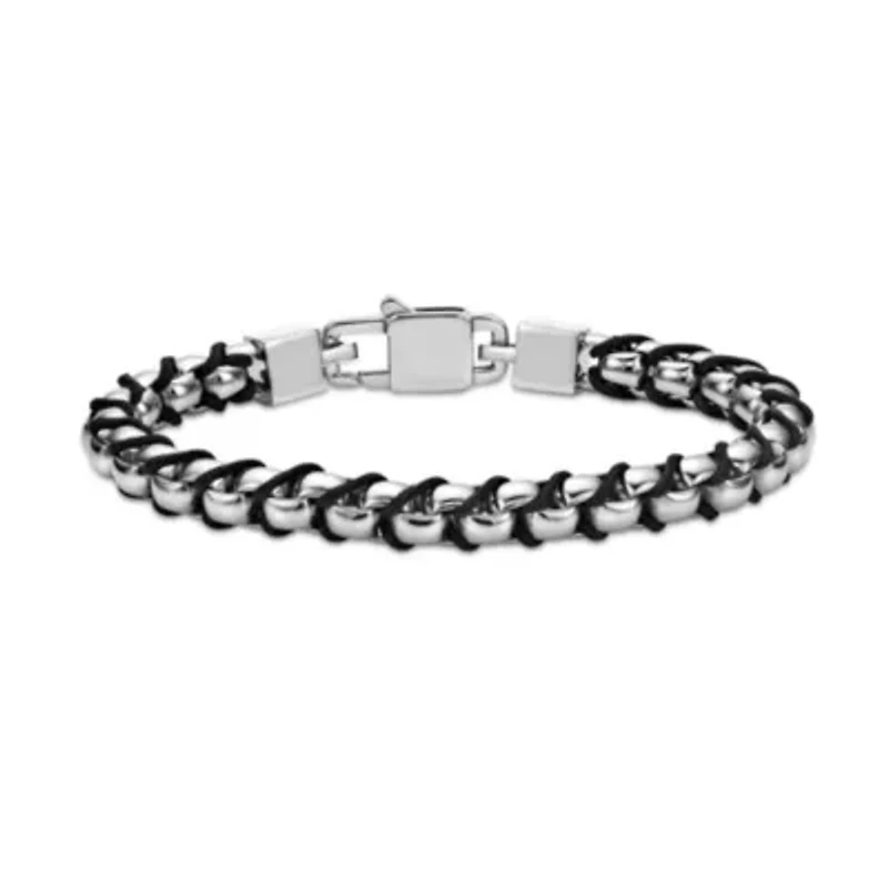 Stainless Steel with Braided Cord Box Chain Bracelet