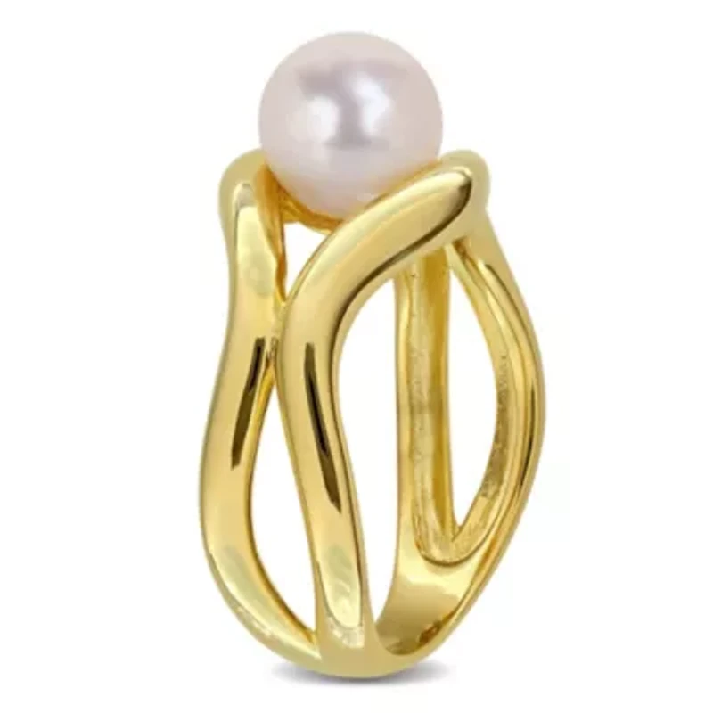 7-7.5MM Freshwater Cultured Pearl Ring Yellow Plated Sterling Silver