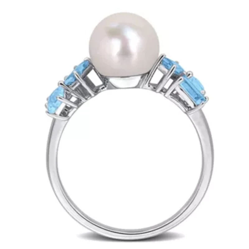 Sky & Swiss Blue Topaz 8-8.5MM Freshwater Cultured Pearl Ring 10k White Gold