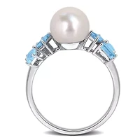Sky & Swiss Blue Topaz 8-8.5MM Freshwater Cultured Pearl Ring 10k White Gold