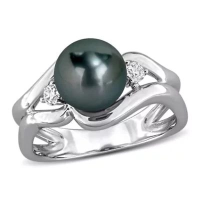Lab Created White Sapphire & 8-8.5MM Black Tahitian Cultured Pearl Ring Sterling Silver