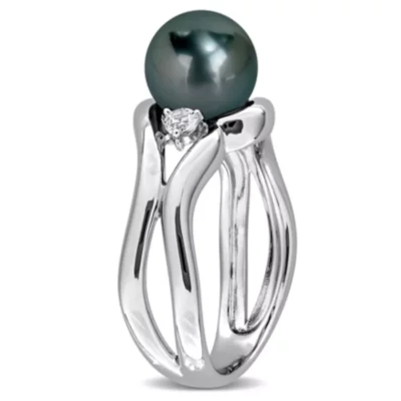 Lab Created White Sapphire & 8-8.5MM Black Tahitian Cultured Pearl Ring Sterling Silver