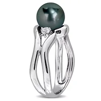Lab Created White Sapphire & 8-8.5MM Black Tahitian Cultured Pearl Ring Sterling Silver
