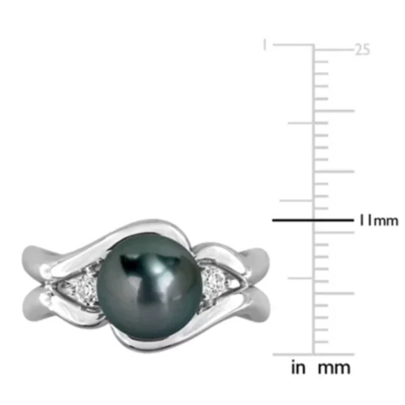 Lab Created White Sapphire & 8-8.5MM Black Tahitian Cultured Pearl Ring Sterling Silver