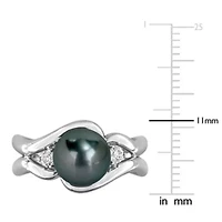 Lab Created White Sapphire & 8-8.5MM Black Tahitian Cultured Pearl Ring Sterling Silver