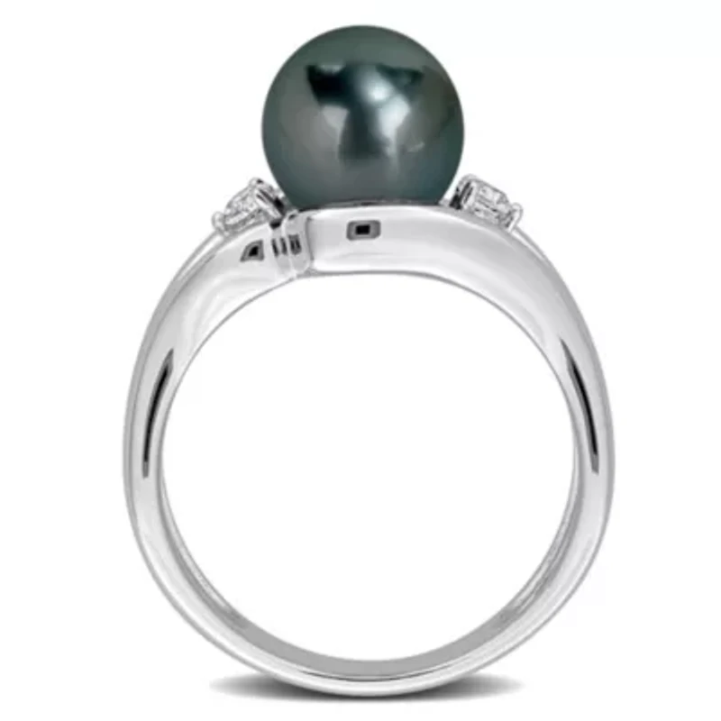 Lab Created White Sapphire & 8-8.5MM Black Tahitian Cultured Pearl Ring Sterling Silver