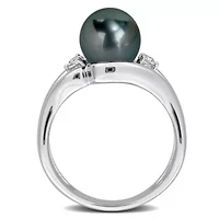 Lab Created White Sapphire & 8-8.5MM Black Tahitian Cultured Pearl Ring Sterling Silver