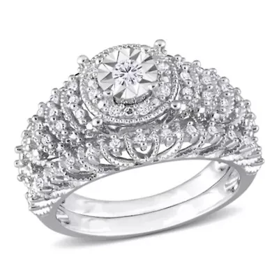 Diamond Halo Bridal Ring Set Sterling Silver