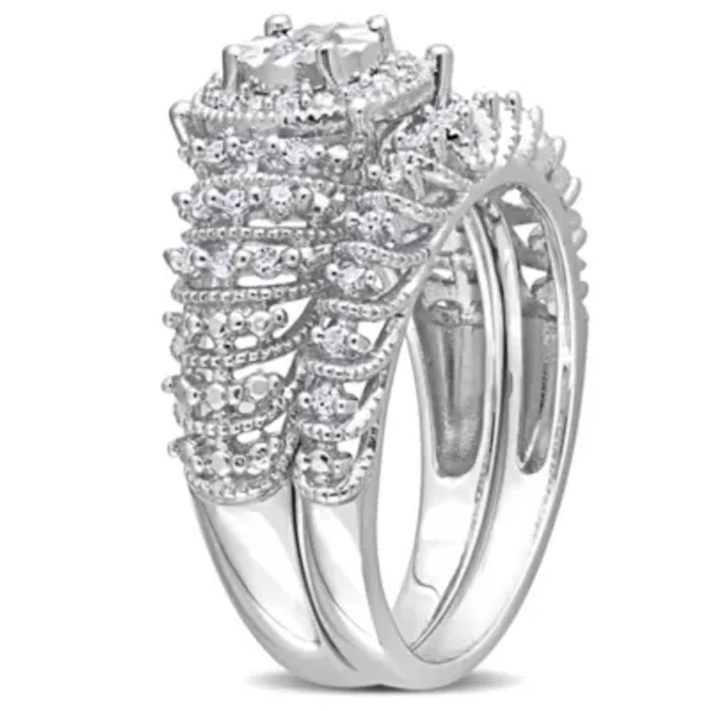 Diamond Halo Bridal Ring Set Sterling Silver