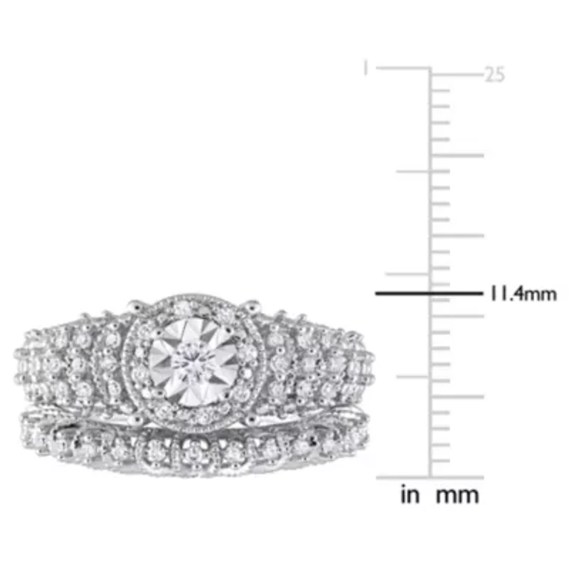 Diamond Halo Bridal Ring Set Sterling Silver