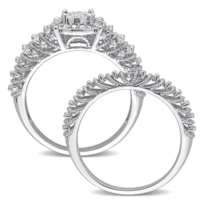 Diamond Halo Bridal Ring Set Sterling Silver