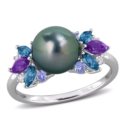 Amethyst-Africa, London Blue & White Topaz with Tanzanite 8- 8.5MM Black Tahitian Cultured Pearl Ring Sterling Silver