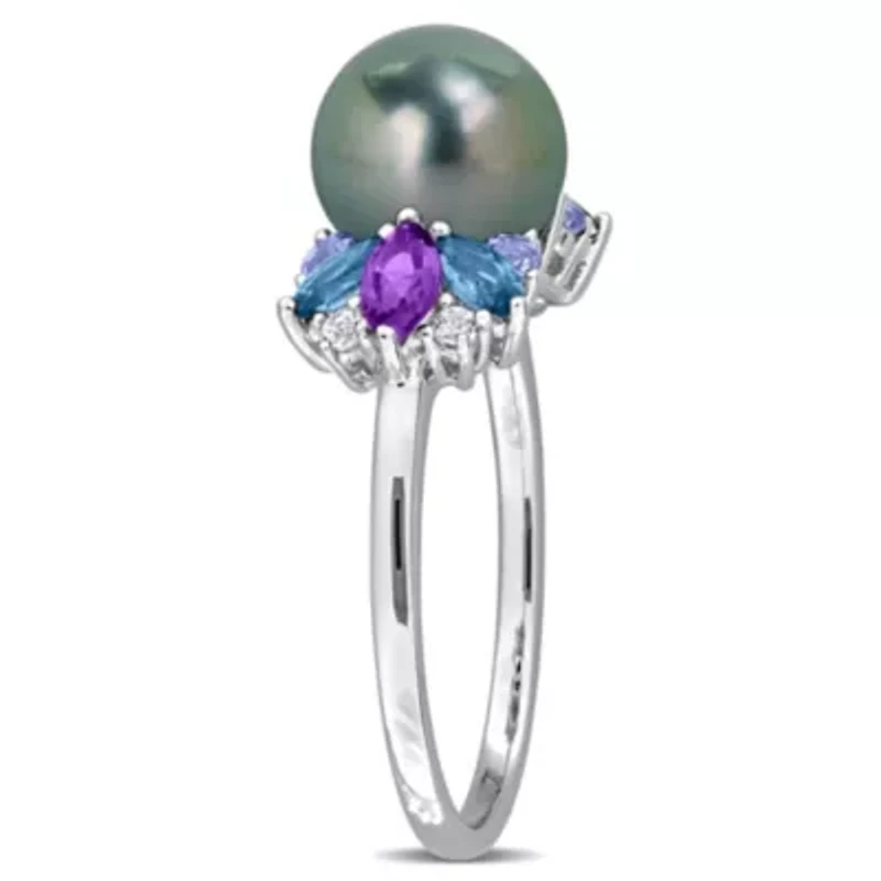 Amethyst-Africa, London Blue & White Topaz with Tanzanite 8- 8.5MM Black Tahitian Cultured Pearl Ring Sterling Silver