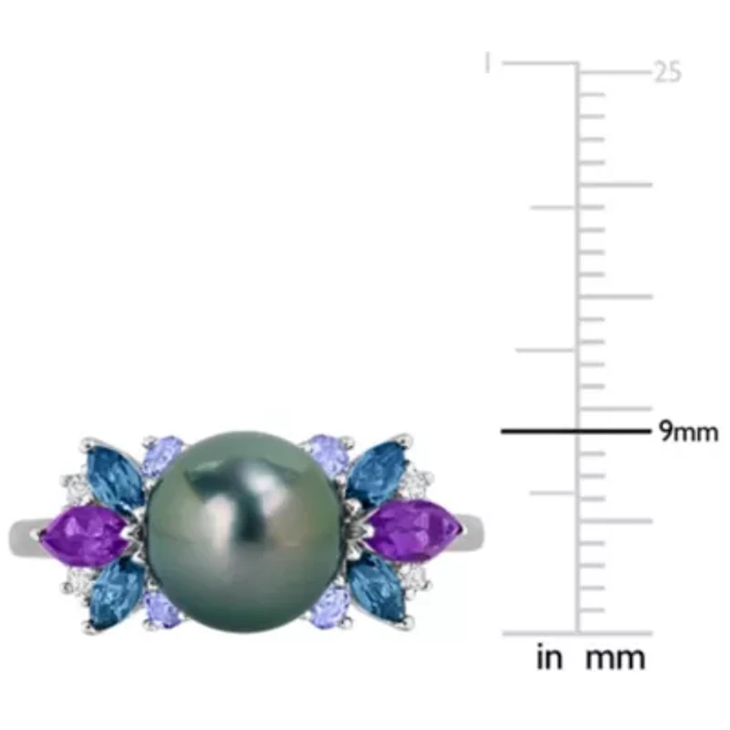 Amethyst-Africa, London Blue & White Topaz with Tanzanite 8- 8.5MM Black Tahitian Cultured Pearl Ring Sterling Silver