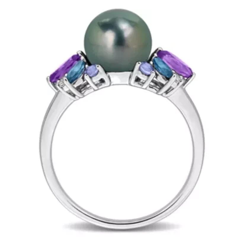 Amethyst-Africa, London Blue & White Topaz with Tanzanite 8- 8.5MM Black Tahitian Cultured Pearl Ring Sterling Silver