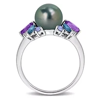Amethyst-Africa, London Blue & White Topaz with Tanzanite 8- 8.5MM Black Tahitian Cultured Pearl Ring Sterling Silver