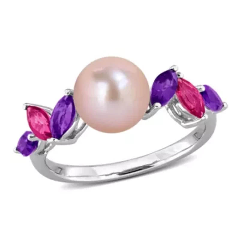 Amethyst-Africa, Pink Topaz & 8-8.5MM Freshwater Cultured Pearl Ring Sterling Silver