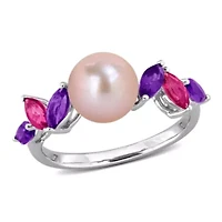 Amethyst-Africa, Pink Topaz & 8-8.5MM Freshwater Cultured Pearl Ring Sterling Silver