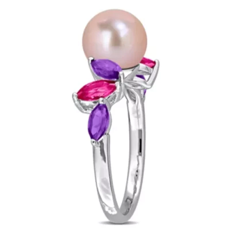 Amethyst-Africa, Pink Topaz & 8-8.5MM Freshwater Cultured Pearl Ring Sterling Silver