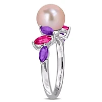 Amethyst-Africa, Pink Topaz & 8-8.5MM Freshwater Cultured Pearl Ring Sterling Silver