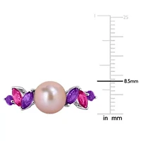 Amethyst-Africa, Pink Topaz & 8-8.5MM Freshwater Cultured Pearl Ring Sterling Silver