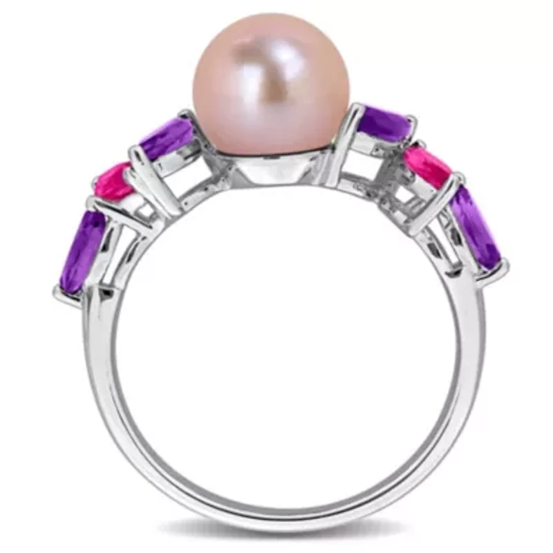 Amethyst-Africa, Pink Topaz & 8-8.5MM Freshwater Cultured Pearl Ring Sterling Silver