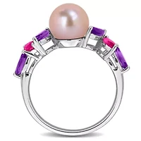 Amethyst-Africa, Pink Topaz & 8-8.5MM Freshwater Cultured Pearl Ring Sterling Silver