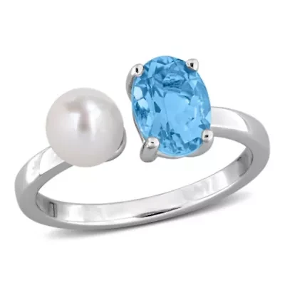 Sky Blue Topaz & 5.5-6MM Freshwater Cultured Pearl Bypass Ring Sterling Silver