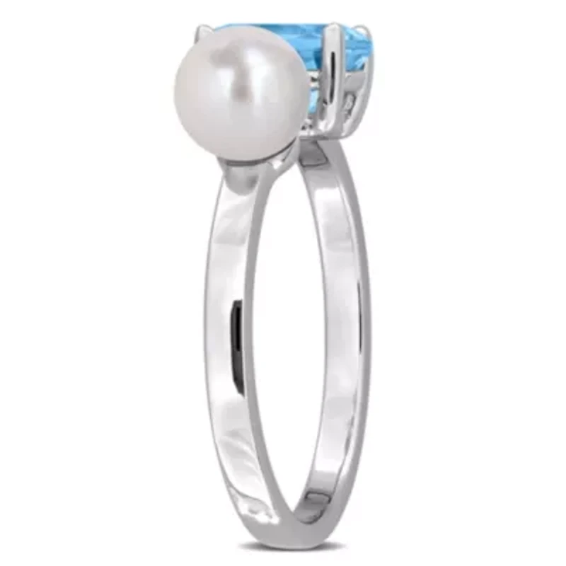 Sky Blue Topaz & 5.5-6MM Freshwater Cultured Pearl Bypass Ring Sterling Silver