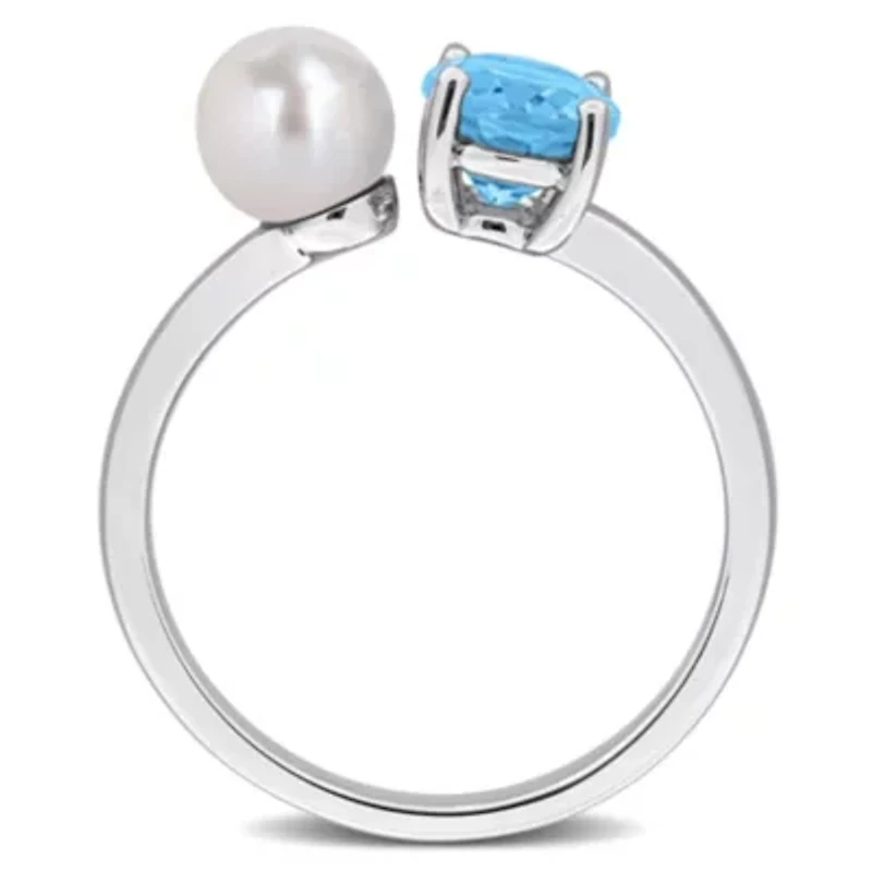 Sky Blue Topaz & 5.5-6MM Freshwater Cultured Pearl Bypass Ring Sterling Silver