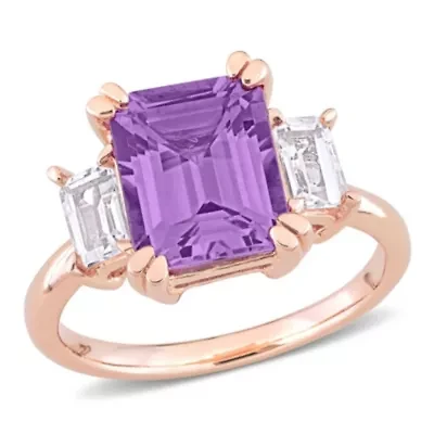 Amethyst & White Topaz Ring Rose Plated Sterling Silver