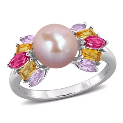 Pink Topaz, Citrine, Rose de France & 7.5-8MM Freshwater Cultured Pearl Ring Sterling Silver