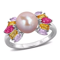 Pink Topaz, Citrine, Rose de France & 7.5-8MM Freshwater Cultured Pearl Ring Sterling Silver