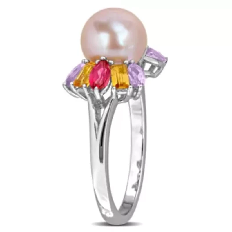 Pink Topaz, Citrine, Rose de France & 7.5-8MM Freshwater Cultured Pearl Ring Sterling Silver