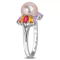 Pink Topaz, Citrine, Rose de France & 7.5-8MM Freshwater Cultured Pearl Ring Sterling Silver